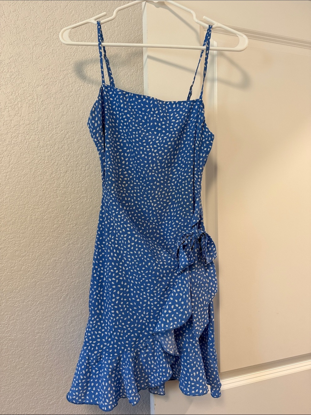 Blue Spotted Ruffle Mini Dress with Side Tie